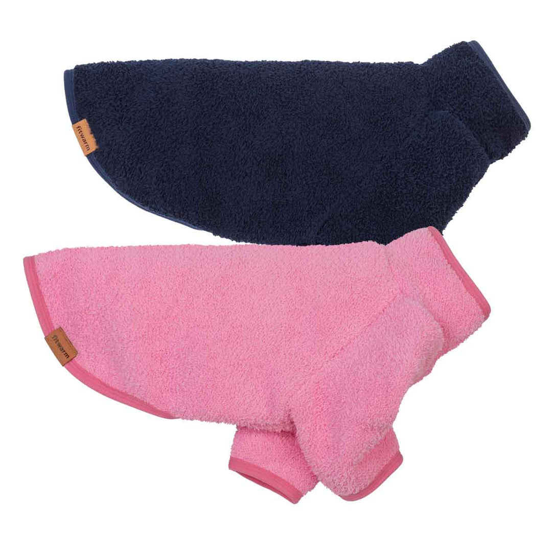 Two sweaters for dogs in a two-pack, one in navy blue and one in pink, both made of soft fuzzy fabric