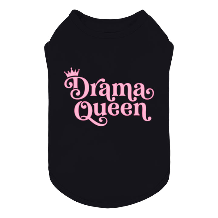 Black dog t shirt with 'Drama Queen' in pink lettering on a white background