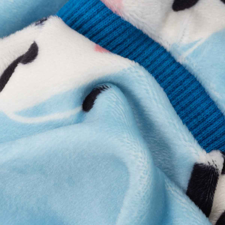 Close-up of dog jammies' cozy fabric 