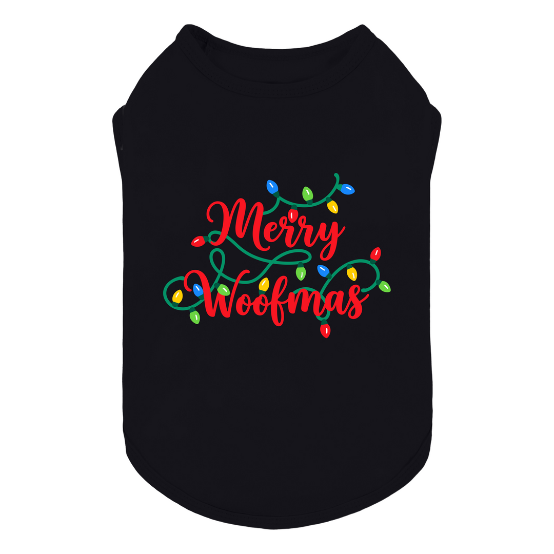 Black dog tank top featuring a 'Merry Woofmas' graphic with red script lettering and colorful Christmas string lights, shown on a plain white background