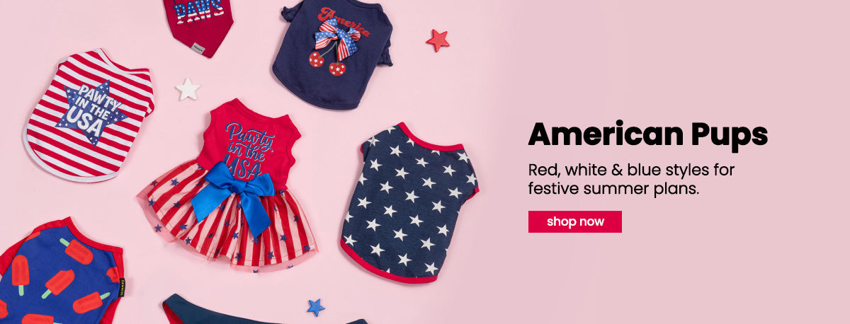 Collection of dog clothing with American-themed designs on a pink background