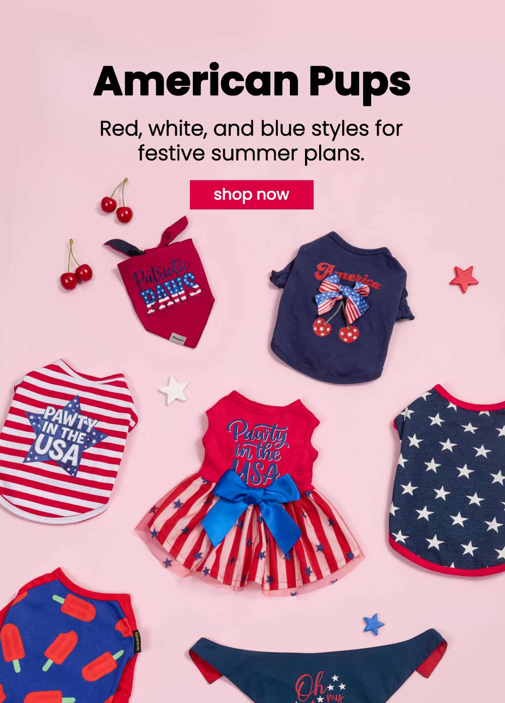 Collection of dog clothing with American-themed designs on a pink background, featuring the brand 'American Pups'.