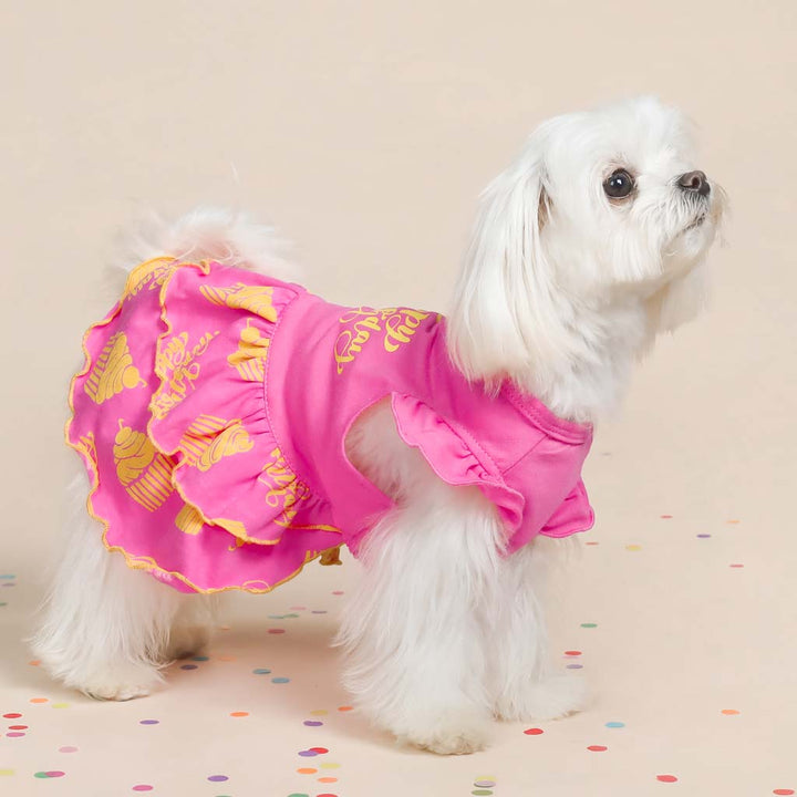 Maltese in a Pink Birthday Dress Adorned with Yellow Cupcake Prints - Fitwarm Dog Clothes