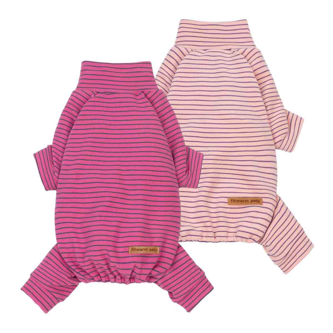Two striped pajamas for dogs displayed flat against a white background