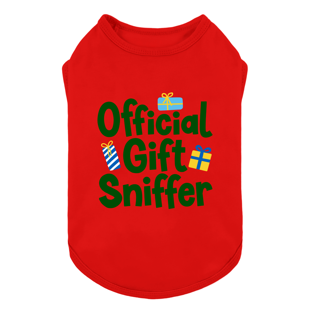 Christmas tank top with 'Official Gift Sniffer' printed in green text, decorated with small colorful gift box prints, shown on a plain white background