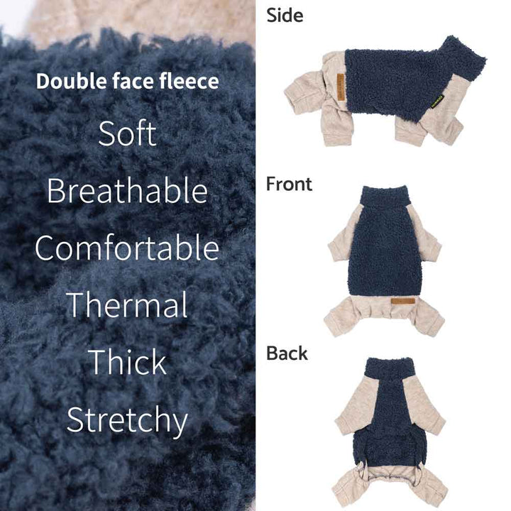 Detailed overview of blue Dog pajamas, showcasing fleece properties and fit
