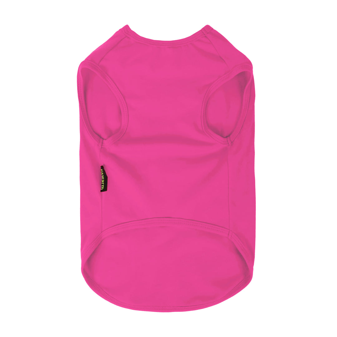 Plain pink dog shirt showing sleeveless pullover design with Fitwarm tag.