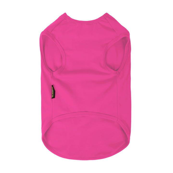 Plain pink dog shirt showing sleeveless pullover design with Fitwarm tag.