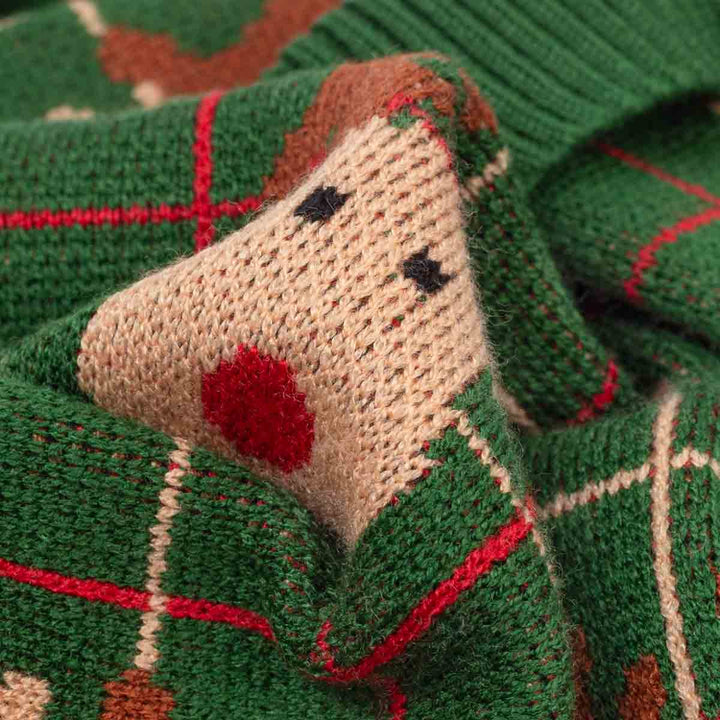 Close-up of a knitted dog Christmas sweater featuring a beige reindeer face with black eyes and a red nose on a green plaid background with red and cream lines