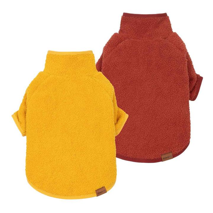 Two dog fleece sweater shown from the back on a white background, one in mustard yellow and one in rust red, both with short sleeves and a high collar