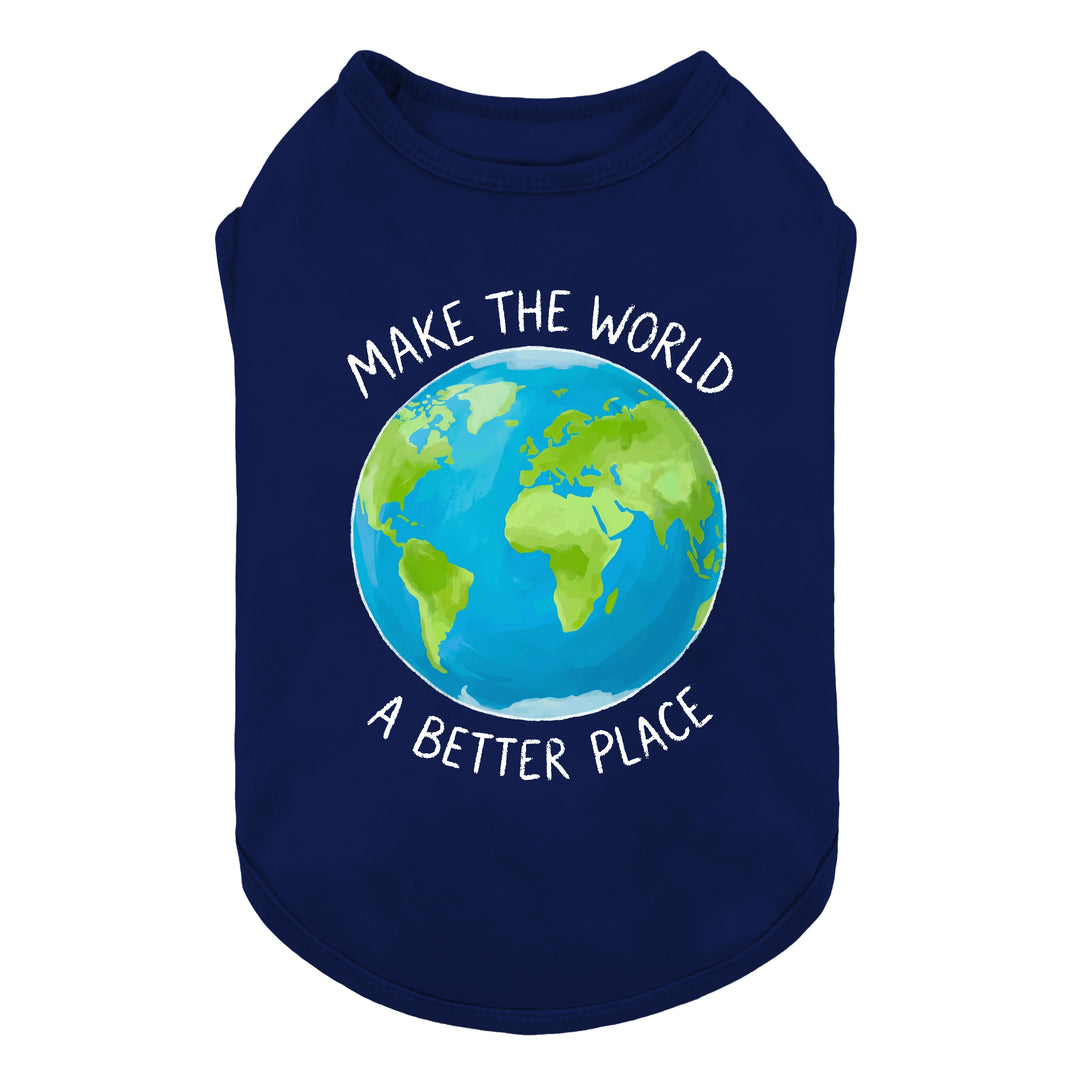 Navy blue dog shirt with Earth prints and 'make the world a better place' lettering on a white background