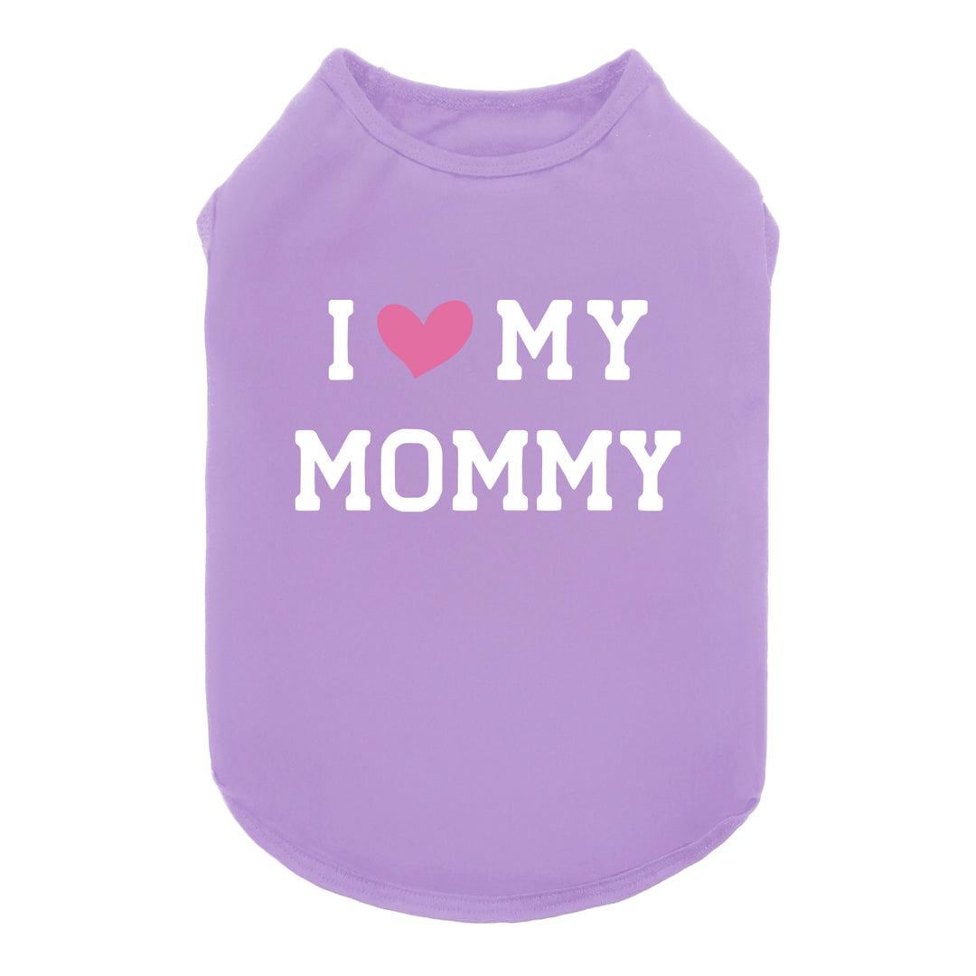 Purple dog shirt with “I ❤️ My Mommy” text print, featuring a simple and cute design.
