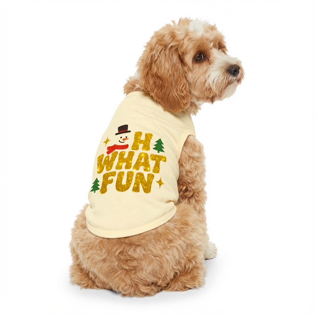 Light yellow dog Christmas shirt with glitter 'OH WHAT FUN' text, snowman, and trees. Perfect for holiday pet apparel.