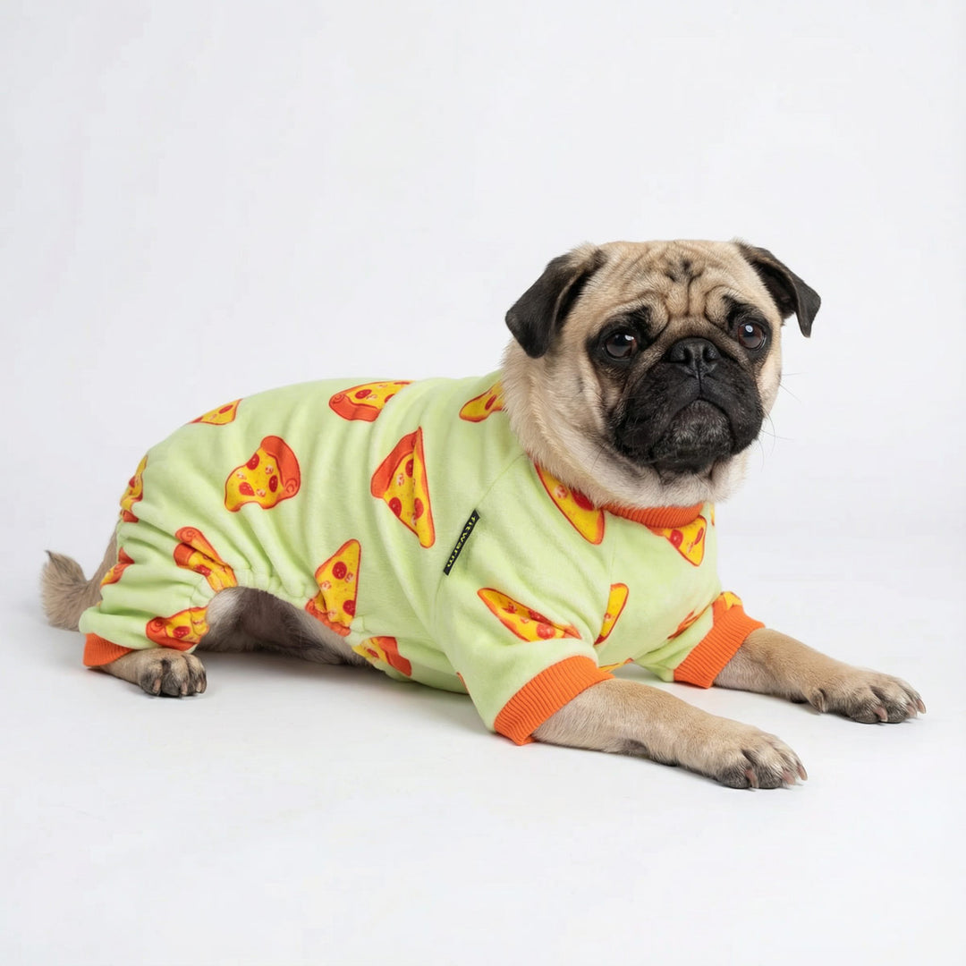 Pug lying on the floor with a funny pizza dog onesie