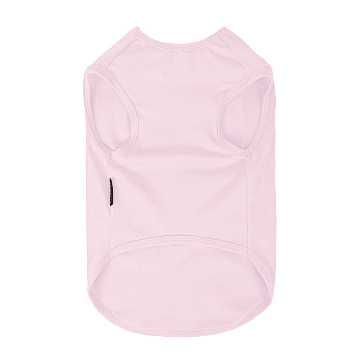 Back view of plain pink dog shirt with Fitwarm label, featuring a sleeveless and curved hem design.