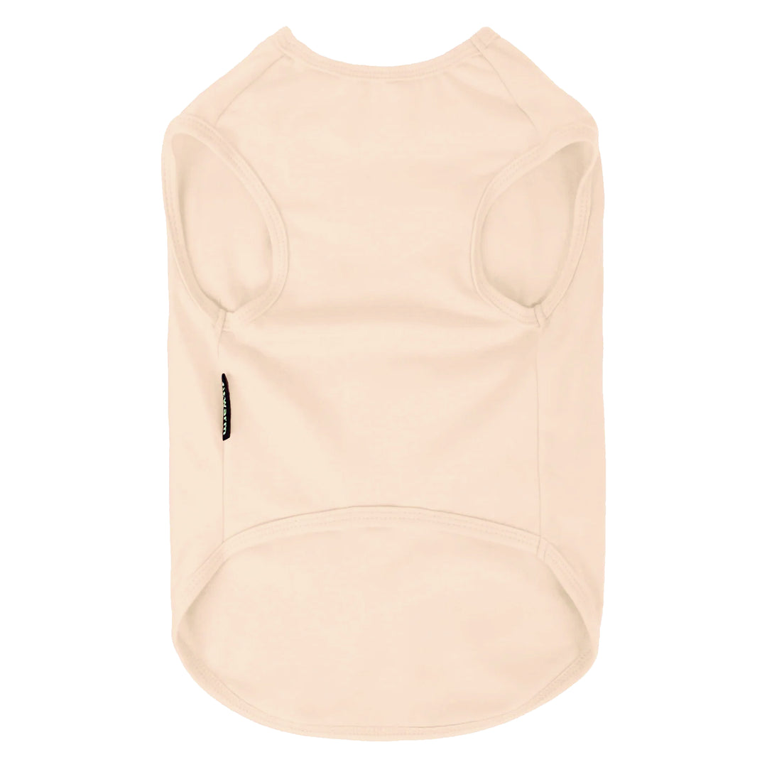 Back view of cream dog shirt with smooth fabric finish and wide arm openings for comfort.