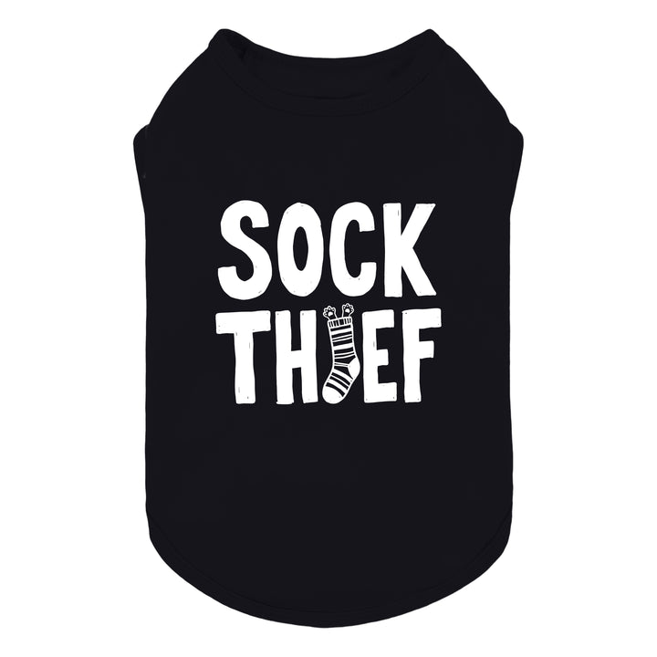 Black dog tank top with 'Sock Thief' lettering on a white background