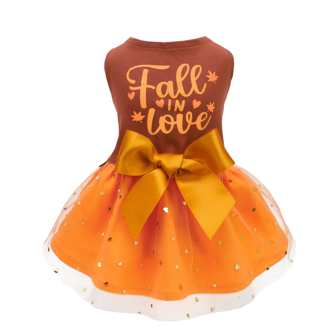 Autumn-Themed Dog Dress with 'Fall in Love' Text and Golden Bow - Fitwarm Dog Clothes