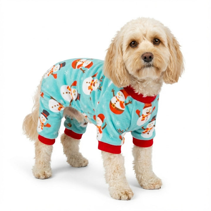 Dog wearing a blue dog pjs with snowman pattern on a white background