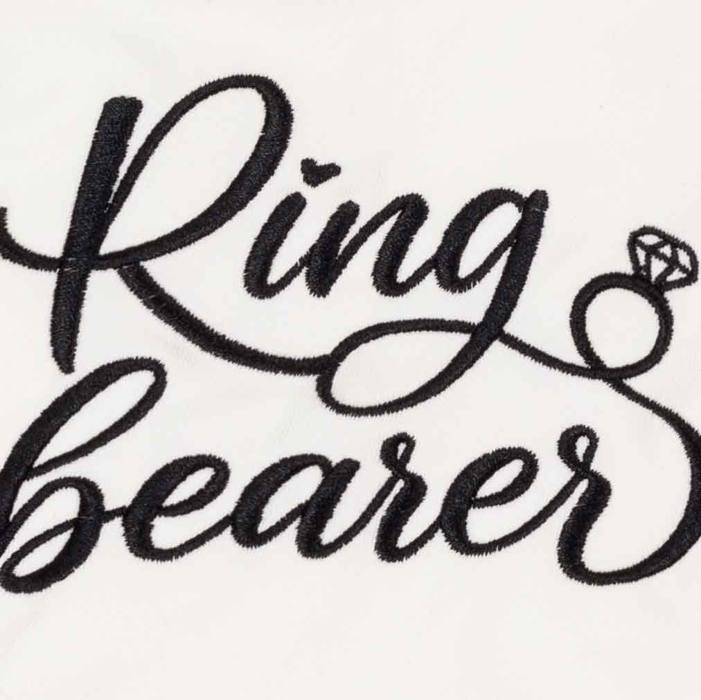 Close up of embroidered Ring Bearer lettering on white dog bandanas for dogs