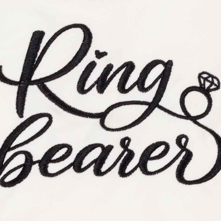 Close up of embroidered Ring Bearer lettering on white dog bandanas for dogs
