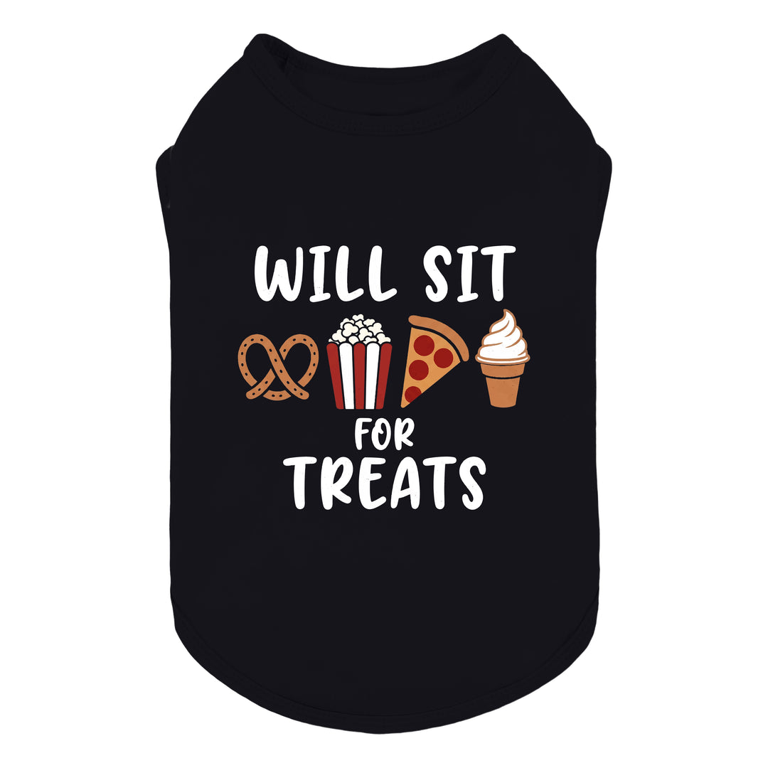 Black shirt for dogs with a graphic print that reads 'WILL SIT FOR TREATS' in white text, accompanied by a pretzel, popcorn bucket, pizza slice, and ice cream cone