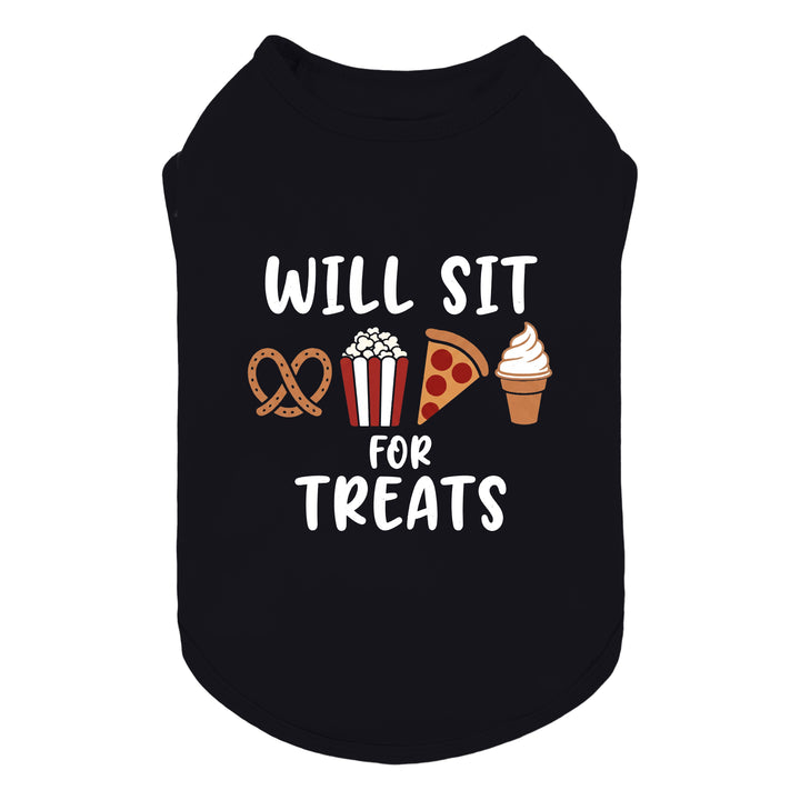 Black shirt for dogs with a graphic print that reads 'WILL SIT FOR TREATS' in white text, accompanied by a pretzel, popcorn bucket, pizza slice, and ice cream cone