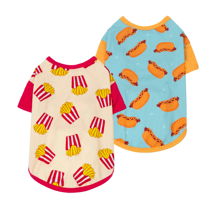 Two dog shirts with fast food pattern designs on a white background