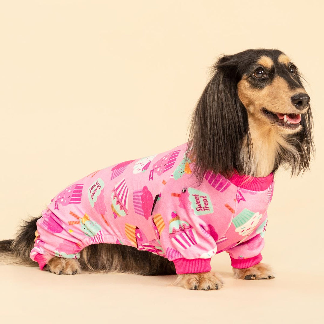 Dachshund wearing bright pink dog pajamas decorated with cupcake and sweet treat patterns