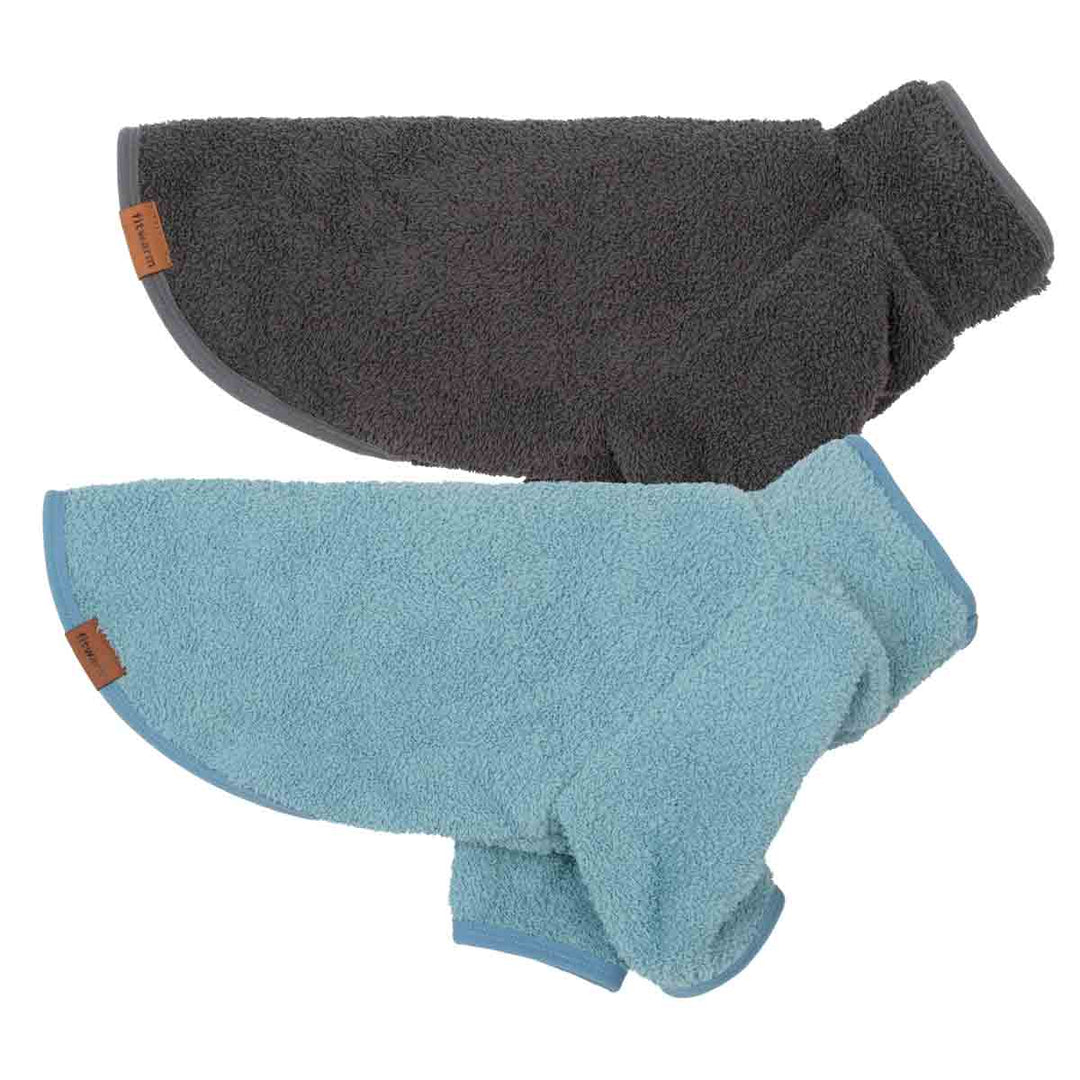 Two sweaters for dogs, one dark gray and one light blue, made of soft fleece with small brown brand tags, shown on a plain white background