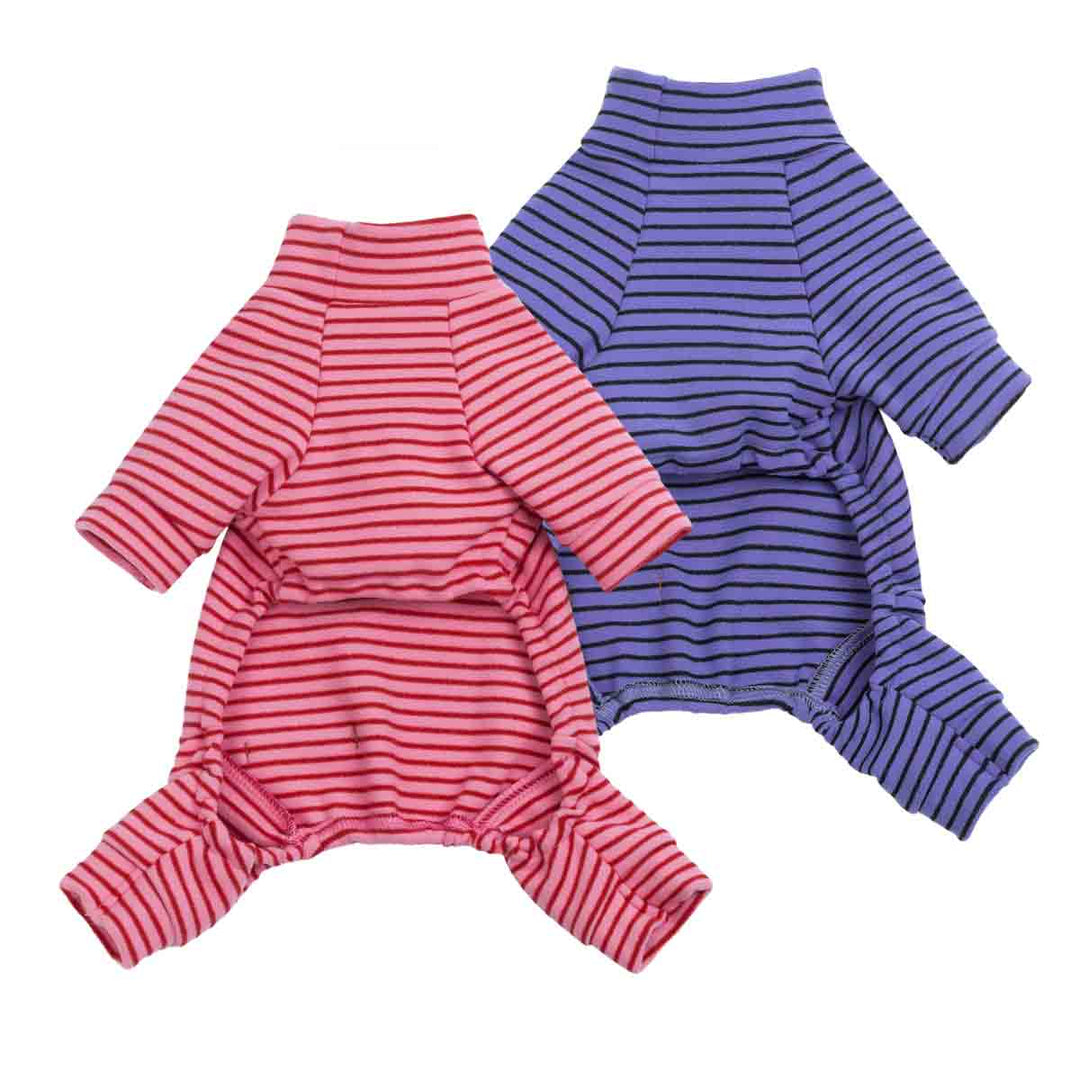Pink and purple striped dog pajamas, four-leg onesie with cozy turtleneck