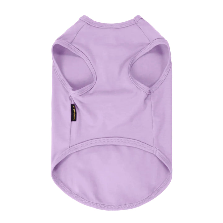 Back view of purple dog shirt made from soft breathable cotton fabric with sleeveless cut.