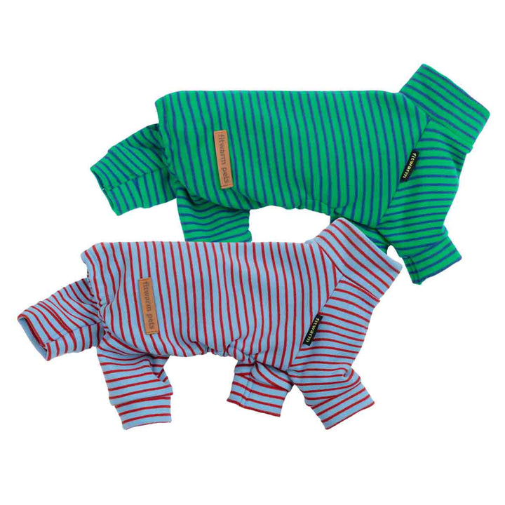 Two striped dog pajamas in green blue and light blue red, four leg design.