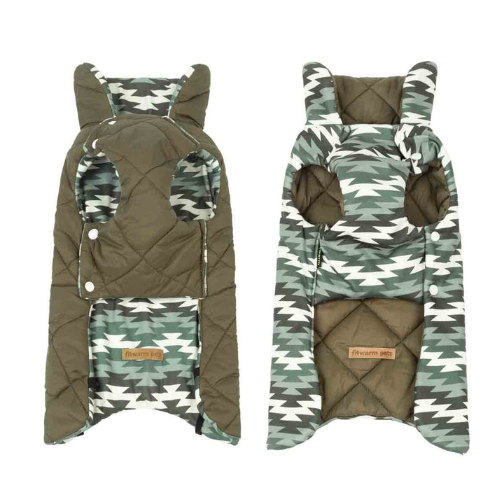 Two views of a quilted dog winter coat with a green, white, and gray geometric pattern and solid olive green padded sections, shown on a plain white background