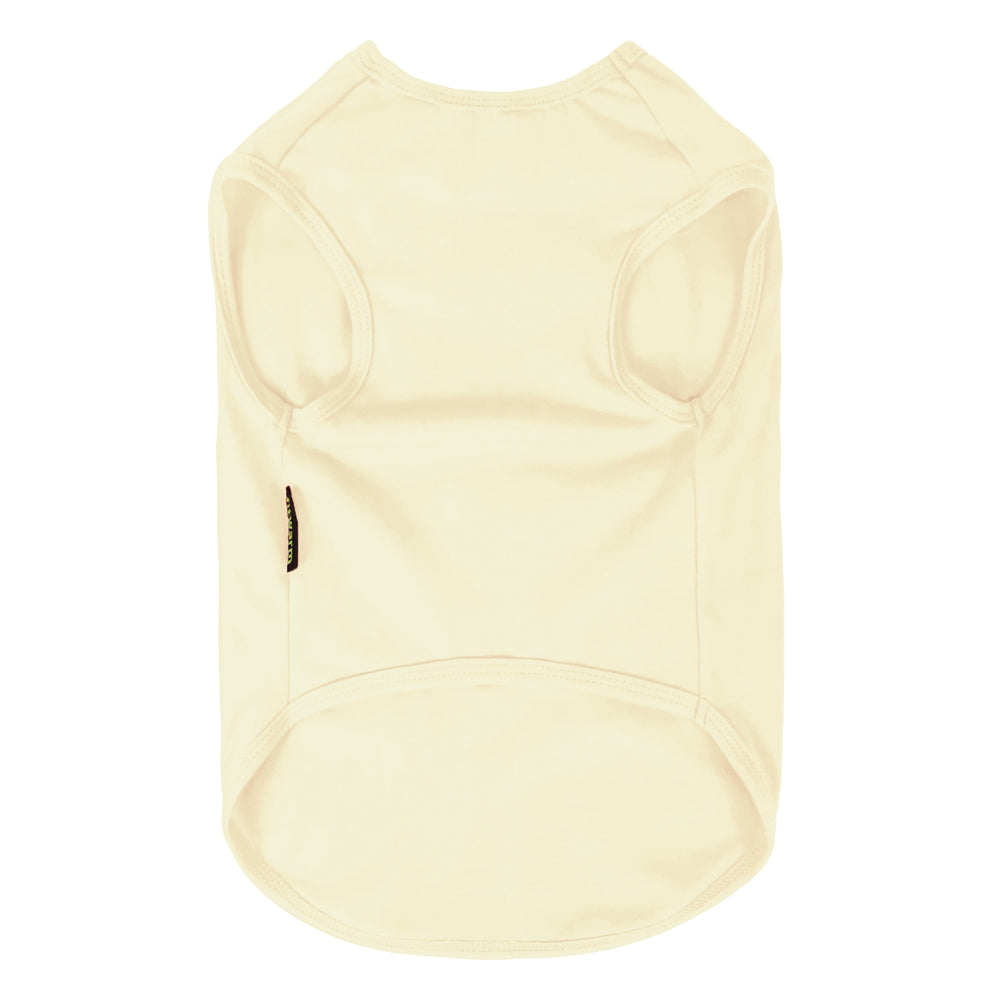 Plain cream dog shirt back view with sleeveless pullover design for easy wear.