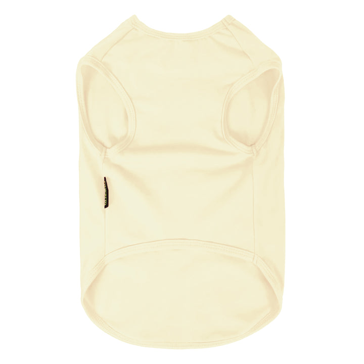 Plain cream dog shirt back view with sleeveless pullover design for easy wear.