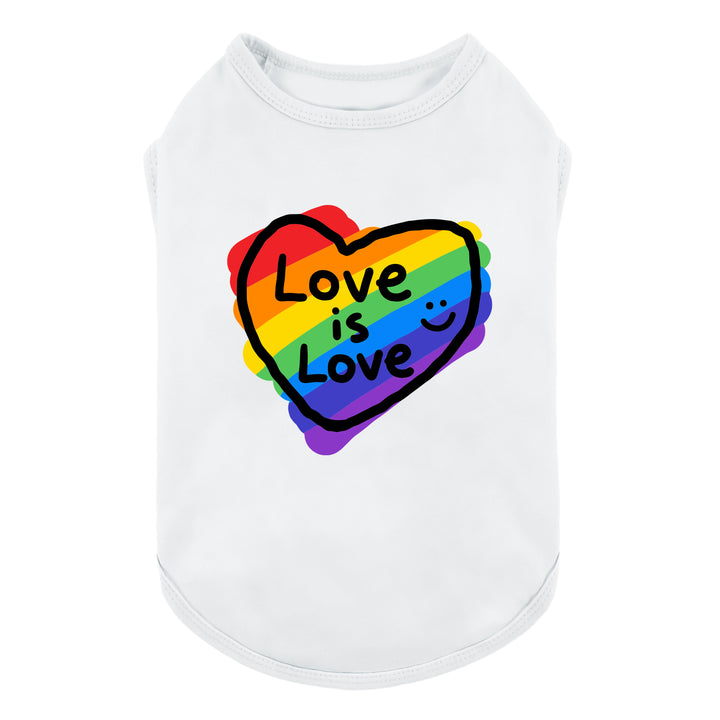 White dog tank top with rainbow heart and 'Love is Love' lettering on a white background