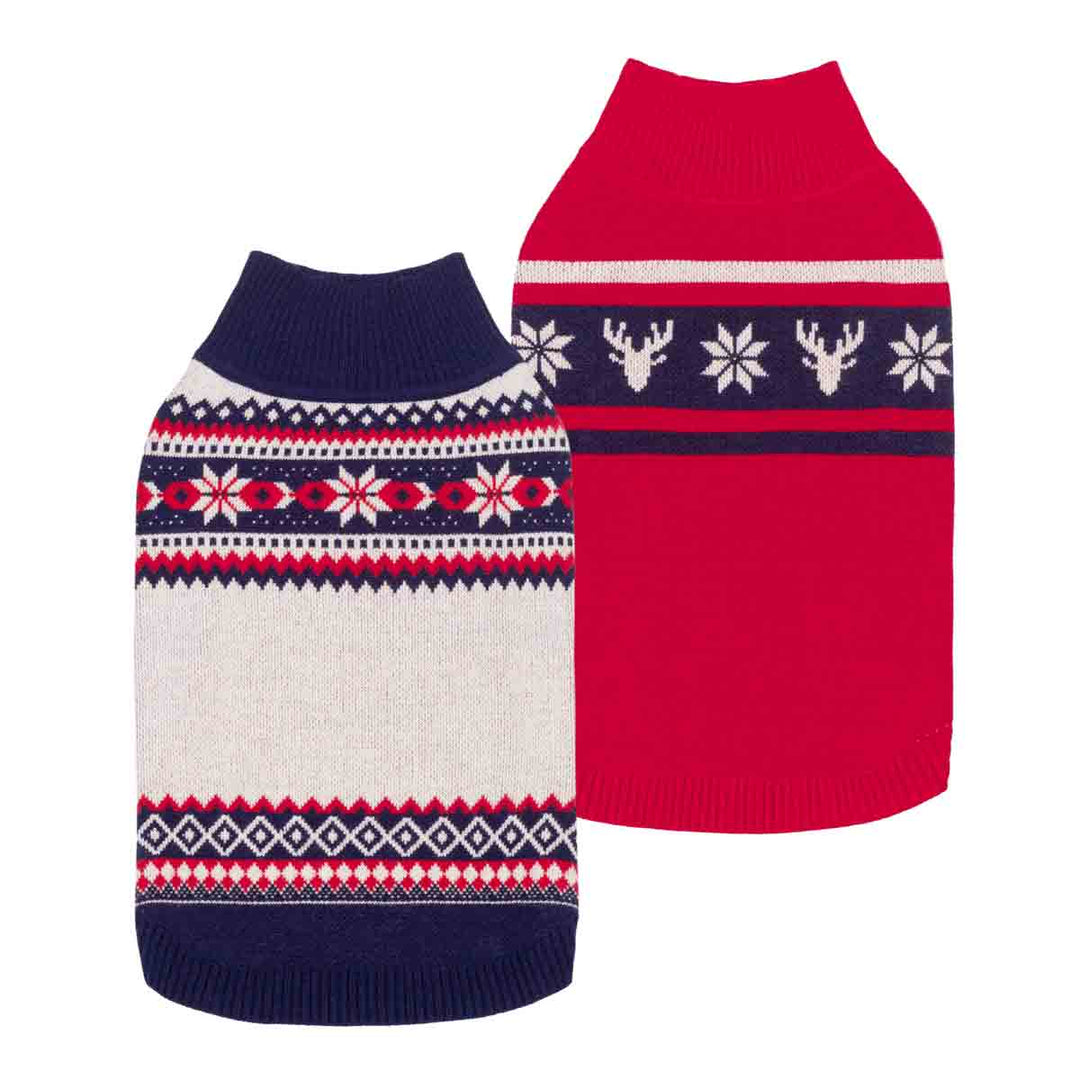 Two knitted sweaters for dogs shown on a white background. One sweater is cream with navy and red Fair Isle patterns, and the other is bright red with a navy band featuring white snowflakes and reindeer