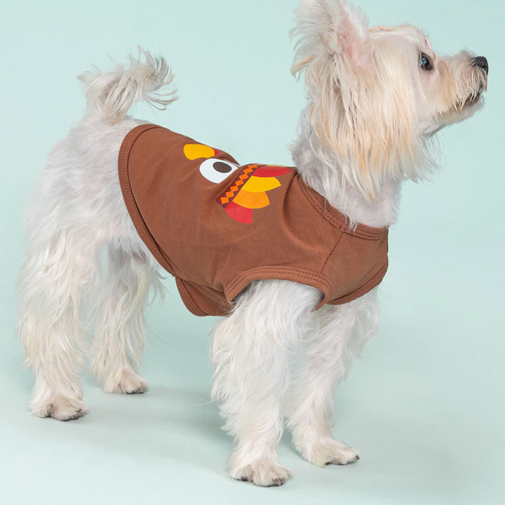 Small Yorkie wearing brown turkey Thanksgiving dog shirt