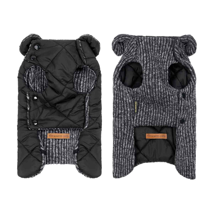 Reversible black quilted dog coat and grey striped knit dog coat, with buttons and leash opening.