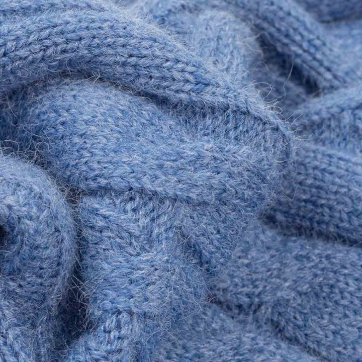 Close-up of a soft, dusty blue knitted fabric with a textured cable pattern and fine, fuzzy yarn