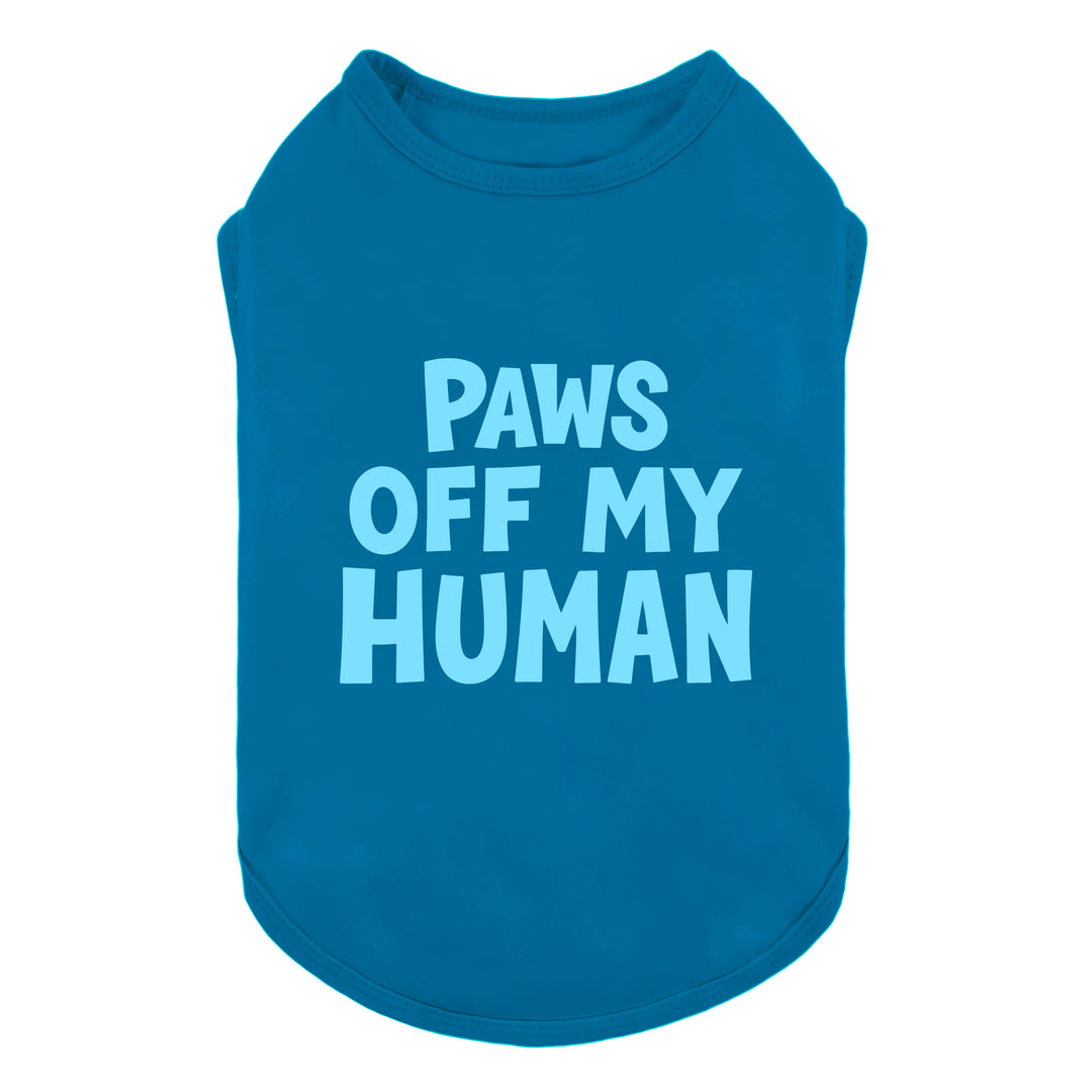 Blue dog shirt with bold “Paws Off My Human” lettering, sleeveless design for small dogs