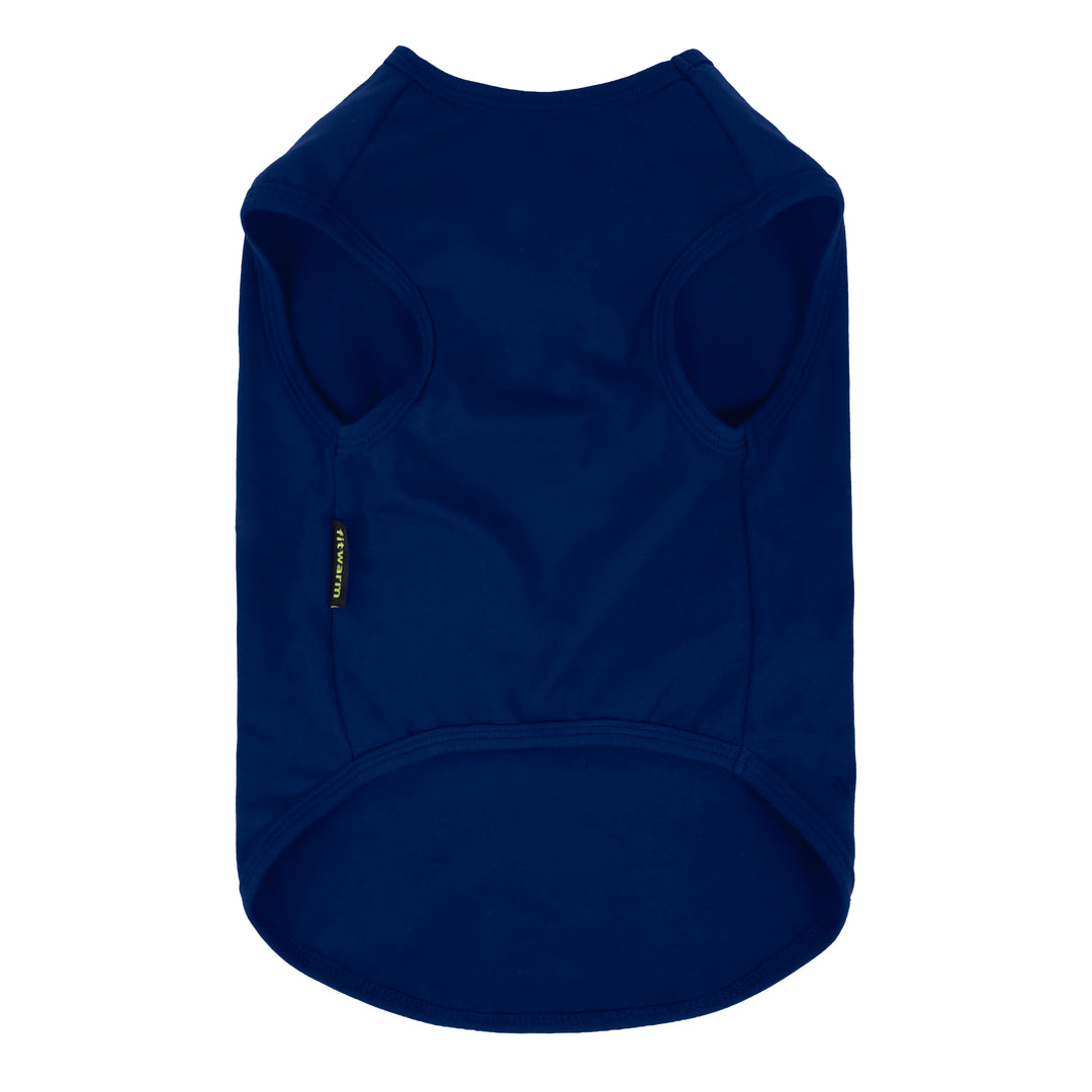 Navy blue sleeveless shirt for dogs shown from the back, featuring a small green vertical brand tag on the left side