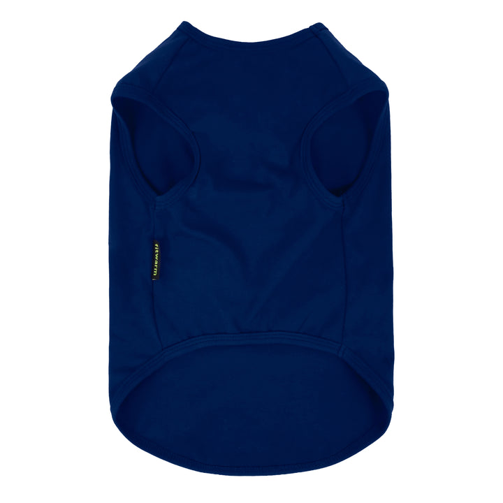 Navy blue sleeveless shirt for dogs shown from the back, featuring a small green vertical brand tag on the left side