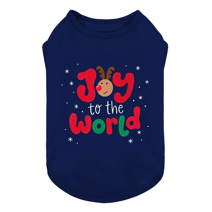 Christmas dog tank top with 'Joy to the world' lettering, reindeer, and snowflake prints