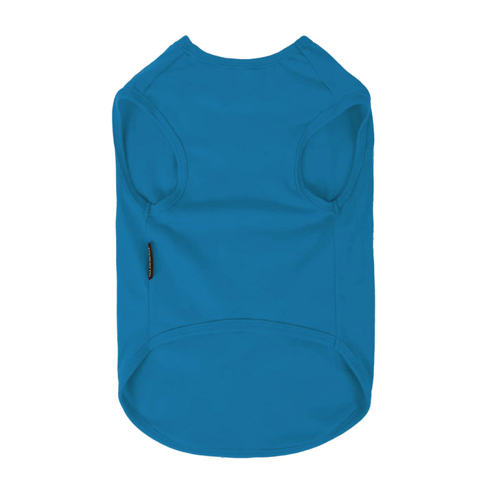 Solid blue dog shirt back view showing sleeveless cut and clean fitted design