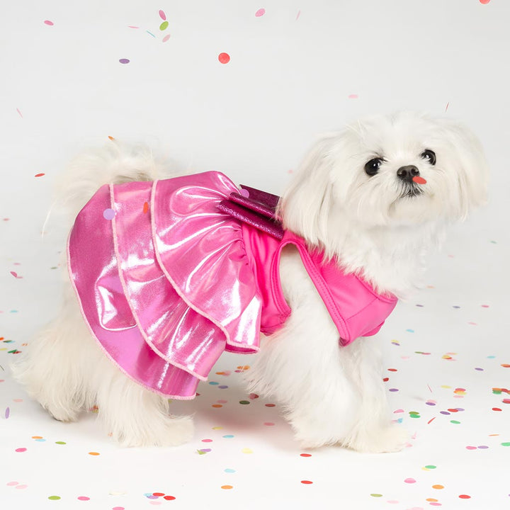 Glossy Pink Dog Dress with Tiered Ruffle for Maltese - Fitwarm Dog Clothes