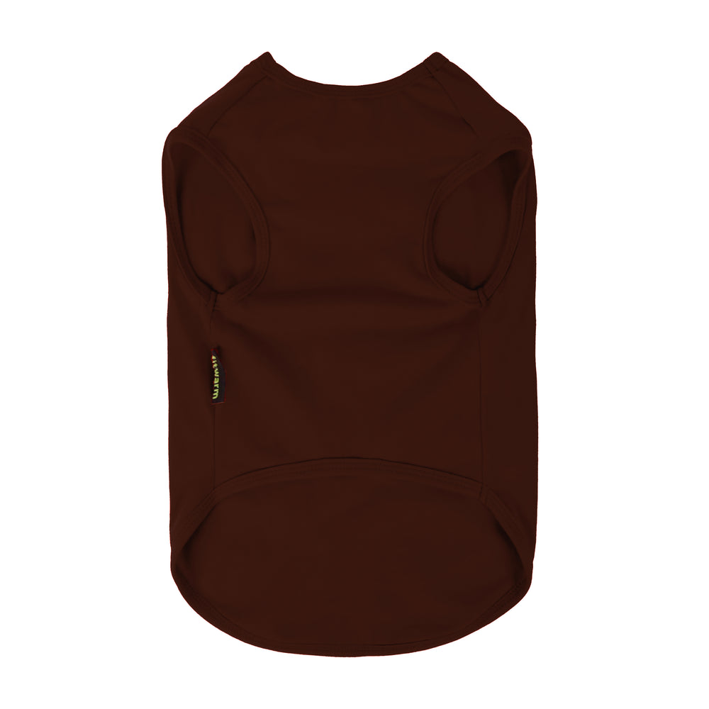 Back view of plain brown dog shirt made from soft and breathable fabric.
