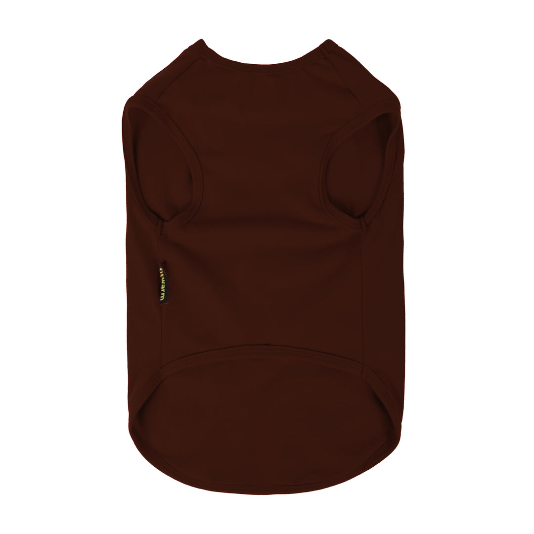 Back view of plain brown dog shirt made from soft and breathable fabric.
