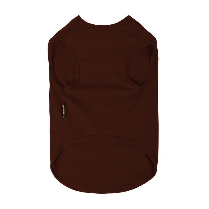 Back view of plain brown dog shirt made from soft and breathable fabric.
